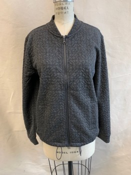 Womens, Casual Jacket, LIZ CLAIBORNE, Dk Gray, Polyester, Rayon, M, Quilted, Mandarin Collar, Zip Front, L/S, 2 Side Pockets, Gathered at Waist By Drawstring