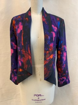BEBE, Dk Purple, Blue, Red Burgundy, Pink, Polyester, Floral, Shawl Lapel, Open Front