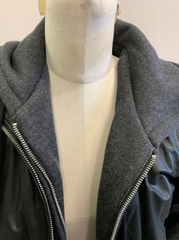 Womens, Leather Jacket, R 13, Black, Cotton, Wool, Solid, M, Zip Front, 2 Pocket, with Cotton Knit Grey Hoodie & Linning