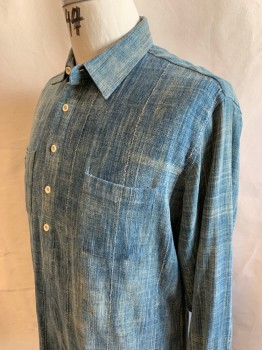 VENICE CUSTOM SHIRTS, Dusty Blue, Cream, Cotton, Heathered, Pull On, L/S, 5 Button Placket, C.A., 2 Patch Pockets, Lightly Aged, Made Of Patched Together Stripes Of Fabric Loosely Sewn Together