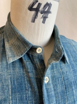 Mens, Historical Fiction Shirt, VENICE CUSTOM SHIRTS, Dusty Blue, Cream, Cotton, Heathered, N:17, XL, Slv:36, Pull On, L/S, 5 Button Placket, C.A., 2 Patch Pockets, Lightly Aged, Made Of Patched Together Stripes Of Fabric Loosely Sewn Together