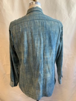 VENICE CUSTOM SHIRTS, Dusty Blue, Cream, Cotton, Heathered, Pull On, L/S, 5 Button Placket, C.A., 2 Patch Pockets, Lightly Aged, Made Of Patched Together Stripes Of Fabric Loosely Sewn Together