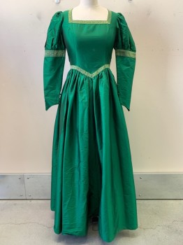 WINDLASS, Emerald Green, Gold, Polyester, Solid, Taffeta, with Metallic Floral Trim, Long Sleeves with Puffy Shoulders, Square Neck, V Shaped Waistline, Gathered Waist, Self Ties at Back Waist