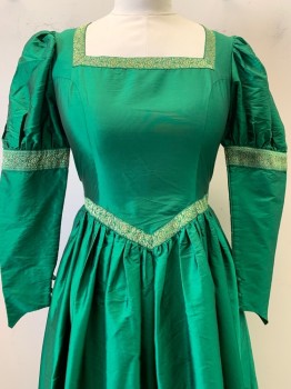 WINDLASS, Emerald Green, Gold, Polyester, Solid, Taffeta, with Metallic Floral Trim, Long Sleeves with Puffy Shoulders, Square Neck, V Shaped Waistline, Gathered Waist, Self Ties at Back Waist