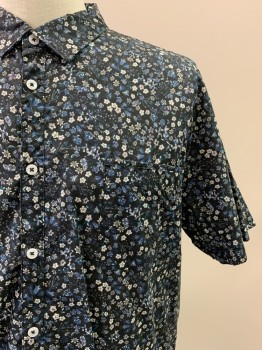 GOODMAN, Black, Blue, Teal Blue, White, Cotton, Floral, S/S, Button Front, Collar Attached, Chest Pocket