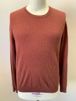 BLOOMINGDALES, Chestnut Brown, Cashmere, Solid, Knit, Crew Neck, Brown Faux Suede Elbow Patches, Long Sleeves
