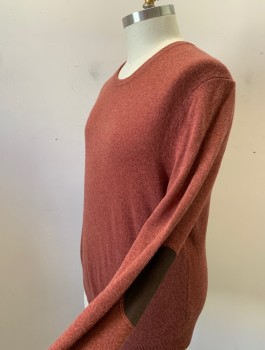 BLOOMINGDALES, Chestnut Brown, Cashmere, Solid, Knit, Crew Neck, Brown Faux Suede Elbow Patches, Long Sleeves