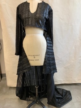 Womens, Sci-Fi/Fantasy Top, N/L MTO, Black, Nylon, Polyester, Chevron, B 36, Strips of Chevron Fabric Stitched to Sheer Net, Cropped Front Bodice, Long Fishnet Sleeves, V-neck, Open in Front with Train in Back, Raw Edges, Back Zipper, Barcode in Right Side Seam of Bodice, Made To Order