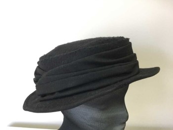Womens, Hat 1890s-1910s, MTO, Black, Wool, Cotton, Solid, Small Brim Felt Hat with Twisted and Gathered Cotton Band,