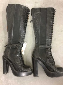 Womens, Sci-Fi/Fantasy Boots , GIVENCHY, Black, Leather, Solid, 7 1/2, 1 PAIR, Knee High, Zip Back, Lacing/Ties Front, High Stack Heel, Ankle Strap