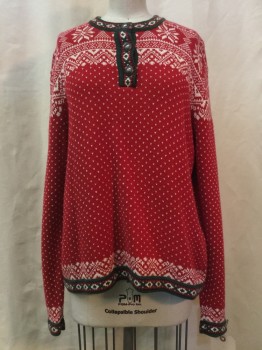 LL BEAN, Red, White, Dk Green, Cotton, Holiday, Red, White/ Dark Green Holiday Print, 3 Buttons,  Crew Neck, Long Sleeves,