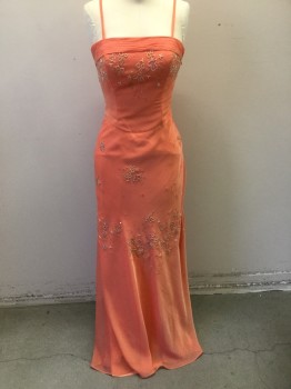 N/L, Peach Orange, Silver, Lt Pink, Polyester, Floral, Frosty Peach-Orange Organza Over Peach Opaque Satin, Spaghetti Straps, Clear Beading and Multicolor Flowers with Pink Sequins Scattered Throughout, 2" Wide Pleated Band at Bust, Self Lace Up Closure in Back, Invisible Zipper at Side, Floor Length Hem  ***2 Piece: Comes with Matching Organza Shawl