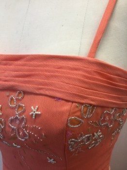 N/L, Peach Orange, Silver, Lt Pink, Polyester, Floral, Frosty Peach-Orange Organza Over Peach Opaque Satin, Spaghetti Straps, Clear Beading and Multicolor Flowers with Pink Sequins Scattered Throughout, 2" Wide Pleated Band at Bust, Self Lace Up Closure in Back, Invisible Zipper at Side, Floor Length Hem  ***2 Piece: Comes with Matching Organza Shawl