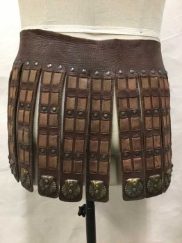Mens, Historical Fiction Skirt, MTO, Brown, Leather, Metallic/Metal, 34+, Leather Woven Into Leather Strips, Metal Medallion Appliques On Leather Strips, Grommets