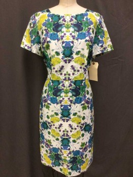 TALBOTS, Off White, Teal Green, Teal Blue, Purple, Yellow, Wool, Linen, Floral, Off White W/teal Green, Teal Blue, Purple, Green, Yellow Floral Print, Round Neck,  Short Sleeve,  Zip Back, See Photo Attached,