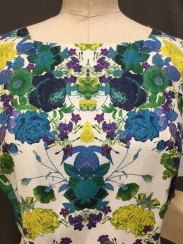 TALBOTS, Off White, Teal Green, Teal Blue, Purple, Yellow, Wool, Linen, Floral, Off White W/teal Green, Teal Blue, Purple, Green, Yellow Floral Print, Round Neck,  Short Sleeve,  Zip Back, See Photo Attached,