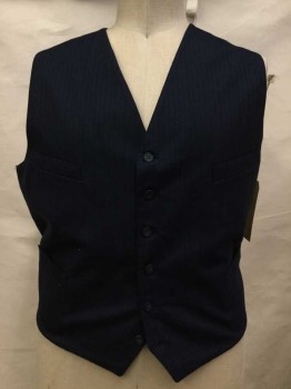 Mens, Vest 1890s-1910s, Navy Blue, Gray, Wool, Herringbone, Ch 44, Navy with Gray Stripes, Button Front, 4 Pockets,