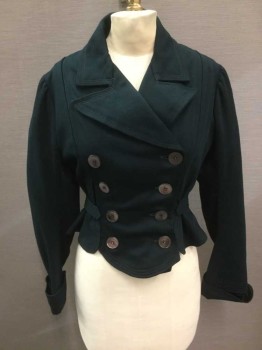 N/L, Forest Green, Wool, Solid, Gabardine, Long Sleeves, Double Breasted, Wide Notched Lapel, Self Belted Waist, Inverted Box Pleats  (One On Each Side) Brown Top Stitching, Cuffed Sleeves, Large Gray Mother Of Pearl Buttons, Gathered Puffy Sleeves,