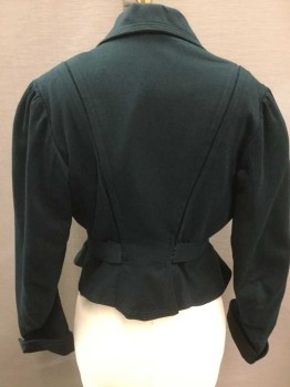 Womens, Jacket 1890s-1910s, N/L, Forest Green, Wool, Solid, B:36, Gabardine, Long Sleeves, Double Breasted, Wide Notched Lapel, Self Belted Waist, Inverted Box Pleats  (One On Each Side) Brown Top Stitching, Cuffed Sleeves, Large Gray Mother Of Pearl Buttons, Gathered Puffy Sleeves,