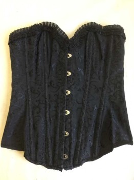 Womens, Corset 1890s-1910s, N/L, Black, Cotton, Paisley/Swirls, S, CORSET:  Black Paisley Brocade, Black Braided-like W/fan-fold Pleat Trim Top, Hook &  Eye Front, Black Lacing Back, See Photo Attached,