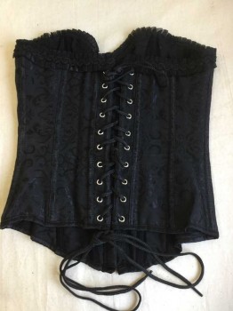 Womens, Corset 1890s-1910s, N/L, Black, Cotton, Paisley/Swirls, S, CORSET:  Black Paisley Brocade, Black Braided-like W/fan-fold Pleat Trim Top, Hook &  Eye Front, Black Lacing Back, See Photo Attached,