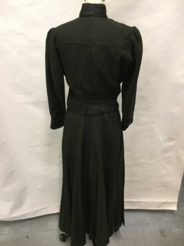 Womens, Dress, Piece 1, 1890s-1910s, MTO, Dk Green, Black, Wool, Solid, 27W, 40B, Made To Order, Wool Ottoman, High Neck with Double Black Ribbon Detail, Also On Cuffs, Long Sleeves, Open Off Center Front with Hooks & Bars,