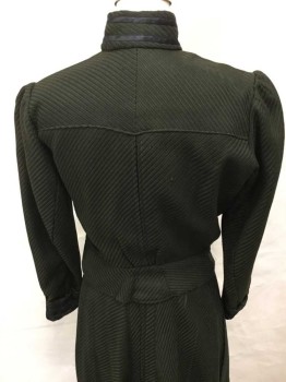 Womens, Dress, Piece 1, 1890s-1910s, MTO, Dk Green, Black, Wool, Solid, 27W, 40B, Made To Order, Wool Ottoman, High Neck with Double Black Ribbon Detail, Also On Cuffs, Long Sleeves, Open Off Center Front with Hooks & Bars,
