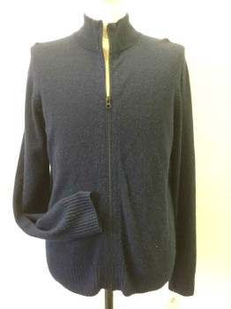THEORY, Navy Blue, Cashmere, Solid, Zip Front, Moc Neck, Long Sleeves, Rib Knit Collar/ Cuffs/ Waistband,