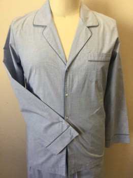Mens, Sleepwear PJ Top, EVER CONFORM, Lt Blue, White, Sea Foam Green, Cotton, Heathered, L, PJ Top, Light Blue/white Heather Woven, Notched Lapel, Button Front, 1 Pocket, Long Sleeves W/slate Sea Foam Piping Trim with Matching Pants