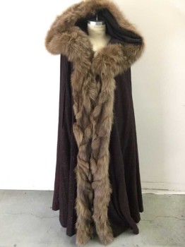 Unisex, Sci-Fi/Fantasy Cape/Cloak, NO LABEL, Espresso Brown, Lt Brown, Fur, Polyester, Felted Fabric W/ Brown Floral Embroidery, Hooded, Lt Brown Fur Lined,  Arm Holes