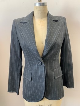 ESCADA, Gray, White, Wool, Mohair, Stripes - Pin, Double Collar Attached,  Single Breasted, 1 Button, 2 Flap Pkts, Hand Picked Collar/Lapel, Slits At Cuffs
