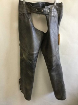 Mens, Chaps, REED, Black, Leather, Solid, 34/38W, Metal Zippers & 4 Snaps To Close On Legs, Trio Of Snaps At Waist