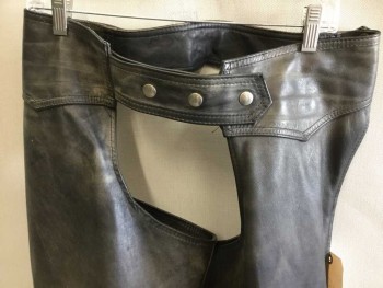 Mens, Chaps, REED, Black, Leather, Solid, 34/38W, Metal Zippers & 4 Snaps To Close On Legs, Trio Of Snaps At Waist