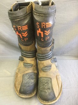 Mens, Sci-Fi/Fantasy Boots , Brown, Black, Leather, Color Blocking, 15, Brown & Black Motorcross Boots, Knee Hi, 3 Clamping Closures Orange Spray Painted "MC2 Over 90" See Photo Attached,