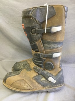 Brown, Black, Leather, Color Blocking, Brown & Black Motorcross Boots, Knee Hi, 3 Clamping Closures Orange Spray Painted "MC2 Over 90" See Photo Attached,