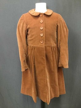 Childrens, Coat 1890s-1910s, Bethany Joy, Burnt Orange, Cotton, Solid, 28, Corduroy, 5 Buttons, Peter Pan Collar, Waist Rouching, Wooden Buttons