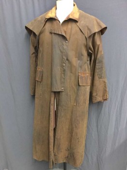 Mens, Coat, Duster, DRIZA BONE, Dk Brown, Brown, Cotton, Solid, 42, Oil Cloth, Aged/Distressed,  Snap Front, Small Caplet, 2 Pockets, Cowboy,