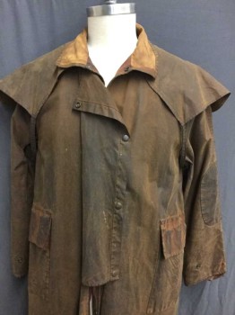 Mens, Coat, Duster, DRIZA BONE, Dk Brown, Brown, Cotton, Solid, 42, Oil Cloth, Aged/Distressed,  Snap Front, Small Caplet, 2 Pockets, Cowboy,
