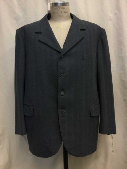 Mens, 1920s Vintage, Suit, Jacket, MTO, Blue, Gray, Wool, Heathered, Stripes, 50R, Alternating Single Blue And Triple White Pin Stripes, Single Breasted, Edgestitched Notched Lapel, 4 Buttons, 3 Pockets,