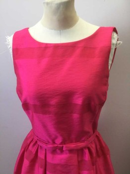 TAYLOR, Fuchsia Pink, Polyester, Nylon, Stripes - Horizontal , Taffeta with Burnout 1.5" Horizontal Stripes, Sleeveless, Wide Scoop Neck, Self 1" Wide Belt Attached at Waist with Bow at Center Front, 4 Self Fabric Covered Buttons at Center Back, A-Line Skirt, Knee Length
