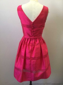 TAYLOR, Fuchsia Pink, Polyester, Nylon, Stripes - Horizontal , Taffeta with Burnout 1.5" Horizontal Stripes, Sleeveless, Wide Scoop Neck, Self 1" Wide Belt Attached at Waist with Bow at Center Front, 4 Self Fabric Covered Buttons at Center Back, A-Line Skirt, Knee Length