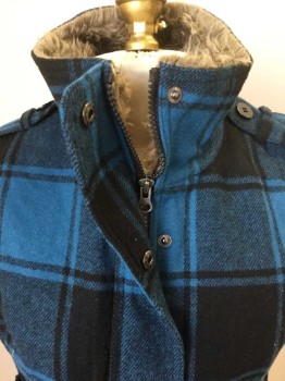 ANCHOR BLUE, Black, Turquoise Blue, Lt Olive Grn, Wool, Polyester, Plaid, Black/dark Turquoise Plaid with Light Olive Fake Fur Lining, Black Diamond Quilt Lining, Zip Front, & Snap Front, Epaulettes, 2 Pockets, 4" Solid Black Knit Ribbed Hem
