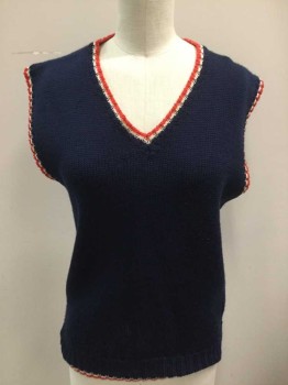Womens, Vest, N/L, Navy Blue, Red, White, Synthetic, Wool, Solid, Small, V-neck, Pullover,
