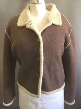 Womens, Coat, Winter, B.C. CLOTHING, Brown, Beige, Polyester, Solid, XL, Brown with Tan Notch Lapel, Accents, and Lining, Fleece, Button Front