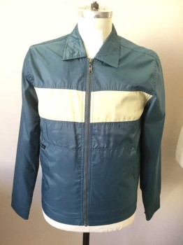 QUIKSILVER, Slate Blue, Cream, Nylon, Color Blocking, Zip Front, Collar Attached, Long Sleeves, 2 Pockets, Cream Band Across Chest
