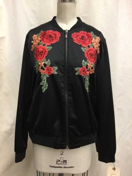 CUPIO, Black, Red, Pink, Green, Gold, Polyester, Spandex, Solid, Floral, Black, Red/pink/green Floral Appliqué, Zip Front