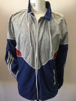 ADIDAS, Lt Gray, Dk Blue, Red, Off White, Nylon, Color Blocking, Mottled, Zip Front, Mottled Gray, Drawstring Collar with Hidden Hood, Off White Piping, 3 Off White Stripes on Sleeves,