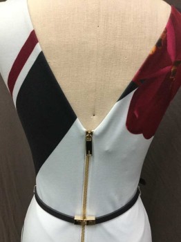 TED BAKER, Baby Blue, Plum Purple, Brown, Yellow, Pink, Polyester, Floral, Stripes - Diagonal , V-neck, V-back, Baby Blue Lining, Sleeveless, Gold Zip Back, Split Back Center Hem, Waist Side Belt Hoops with Detached BELT:  Thin Navy Leather, Gold Connected Bar  "Ted Baker" in the Back, and Small Gold Square Buckle