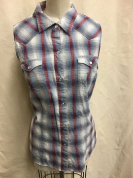 Womens, Shirt, ROPER, Lt Blue, Red, White, Gray, Cotton, Plaid, M, Sleeveless, Cream Snap Closures at Front, Collar Attached, 2 Pockets with Snap Closures, Western Style Pointed Yoke at Shoulders