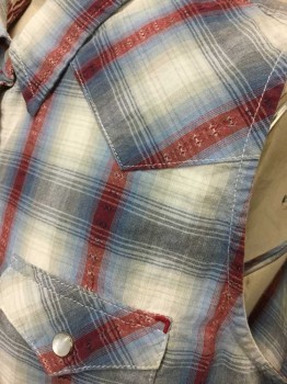 ROPER, Lt Blue, Red, White, Gray, Cotton, Plaid, Sleeveless, Cream Snap Closures at Front, Collar Attached, 2 Pockets with Snap Closures, Western Style Pointed Yoke at Shoulders